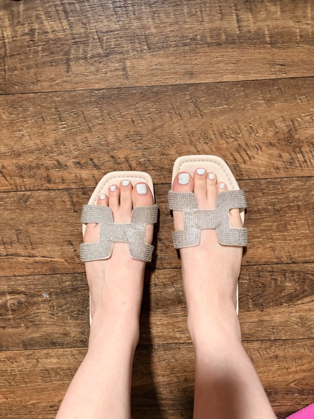 Beige Sparkle Slide Sandals with Decorative Straps